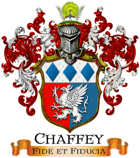 Chaffey family crest with the motto “Fide et Fiducia,” meaning “By faith and trust”